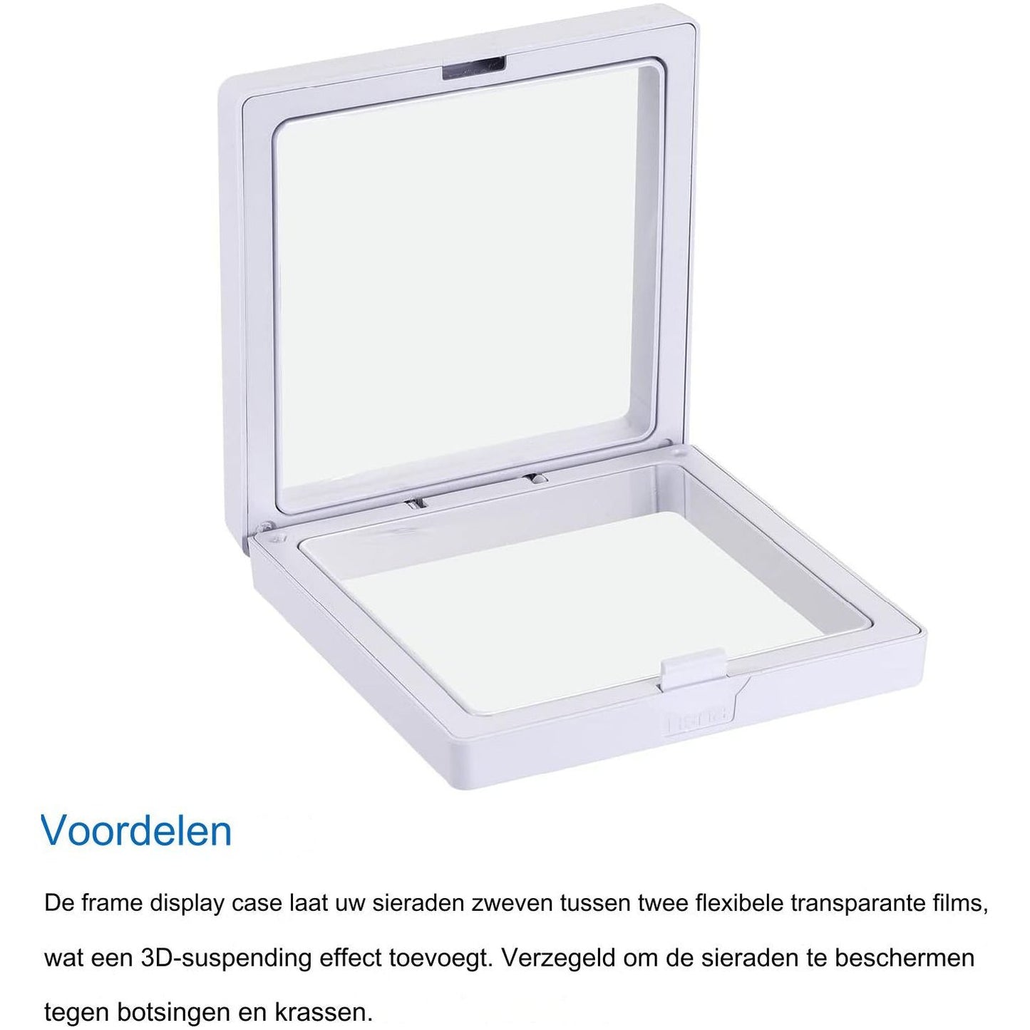 Set van 6 Floating Frame Display Houder - 3D Sieraden Display Box - 9 x 9 x 2 cm - Wit - Vierkante Acryl en TPU Display voor Ringen, Kettingen, Armbanden, Munten, Postzegels - Met Klapontwerp voor Makkelijk Gebruik en Bescherming