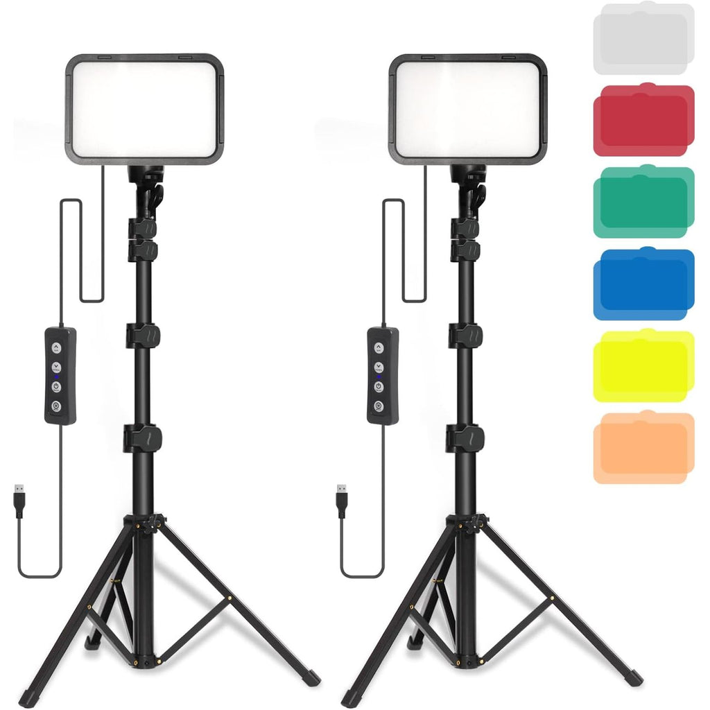 2 Delig LED Fotografie Lampen - Instelbare Foto Verlichting - Verstelbare USB Videolamp - Live Streaming &amp; Fotografie - 15W LED Paneel - 3 Kleurtemperaturen - Inclusief Metalen Statief en Kleurenfilters