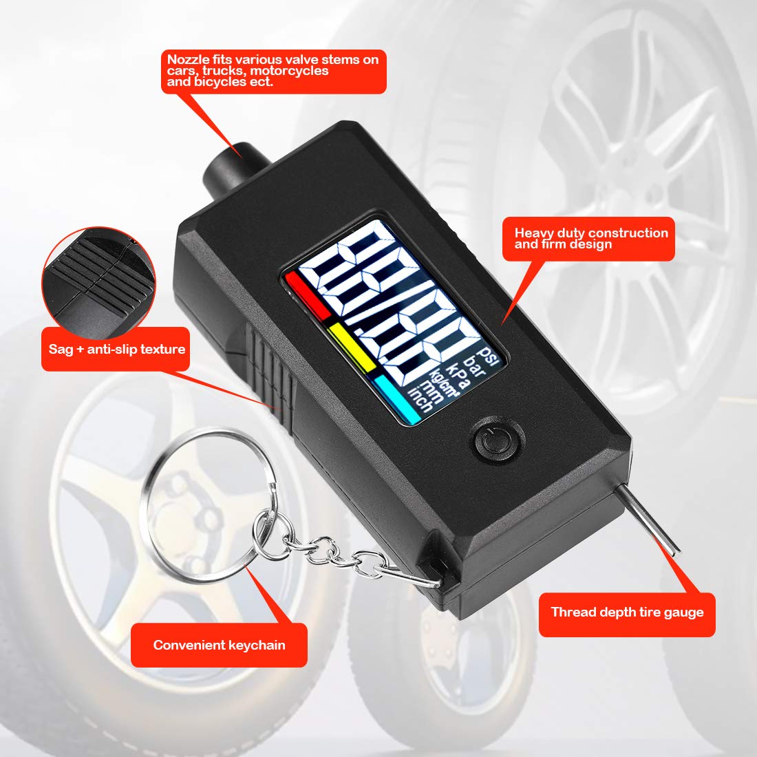 CZC AUTO Digitale Bandenspanningsmeter & Profieldieptemeter 2-in-1 – LCD Verlicht Display tot 100 PSI &amp; 15mm – Nauwkeurige Meting in 4 Drukeenheden – Auto, Motor, Fiets & Truck – Inclusief Sleutelhanger – Zwart
