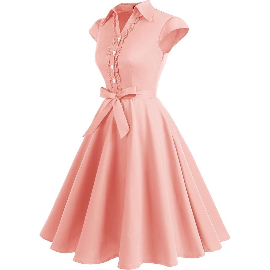 1950s Retro Swing Jurk voor Dames – Vintage Rockabilly Cocktailjurk – Met Capmouwtjes, V-Hals en Verwijderbare Riem – A-lijn Silhouet – Knielang – Perfect Voor Feestjes, Bruiloften, Proms en Themafeesten - Roze