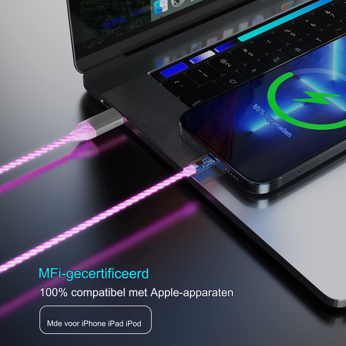 Verlichte LED iPhone Oplaadkabel - 2 Meter - 3A Snelladen - MFi Gecertificeerd - Bewegende LED Verlichte USB Lader - Universeel Geschikt voor Alle Apple-apparaten met Lightning Port - Voor iPhone / iPad / AirPods - Wit