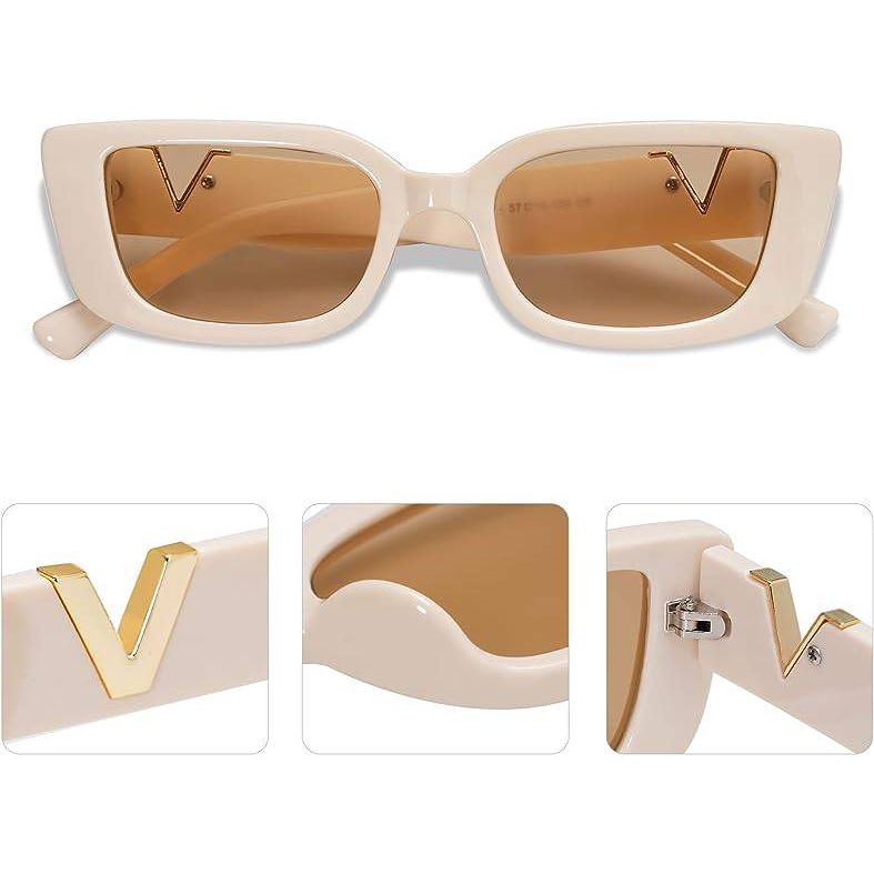 Retro Vierkante Zonnebrillen - UV-bescherming - Mode Accessoires voor Buiten - Set van 2 - Zwart & Beige