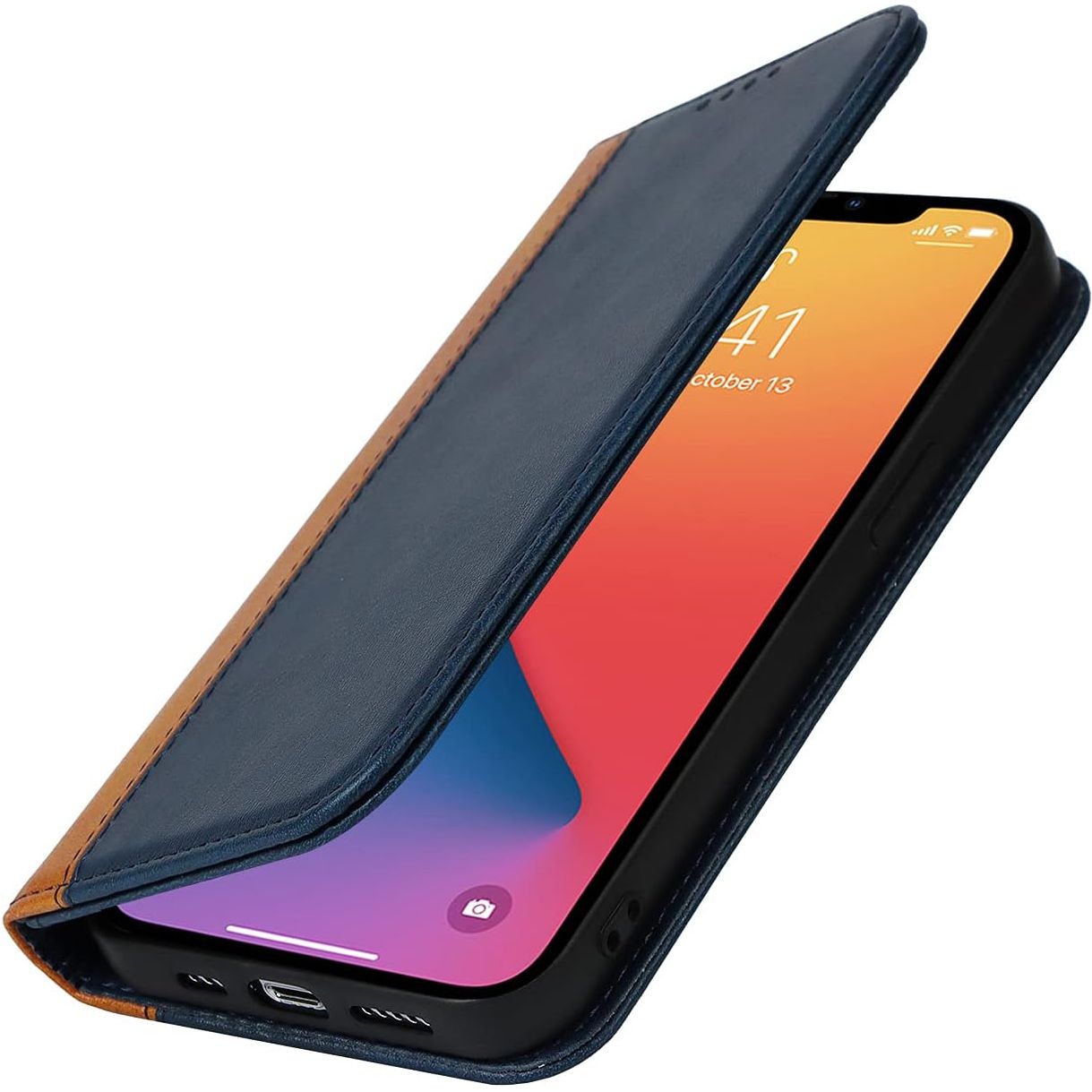 Hoesje voor iPhone 13 Pro max - Flip Portemonnee Lederen Hoesje met [3 Kaartsleuven][Staande Houder][Magnetische sluiting], Lederen Telefoonhoesje voor iPhone 13 Pro max - Blauw+Geel, Hoogwaardig Leer, Handige Stand, Veilige Sluiting, Luxe Bescherming