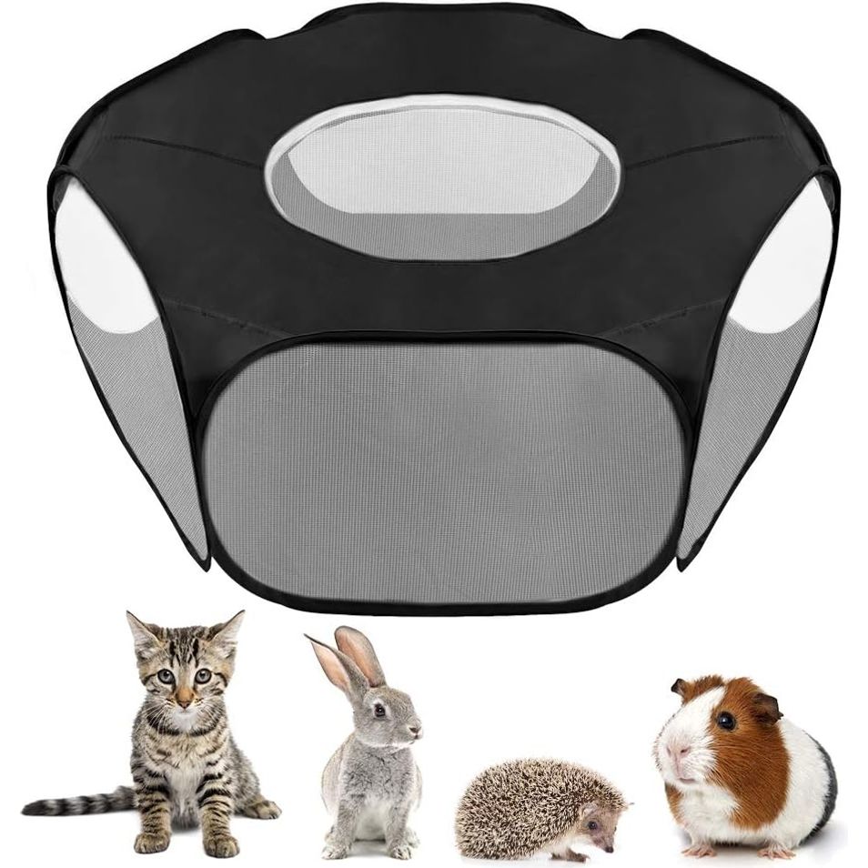 Ademende Huisdieren Tent - Opvouwbaar - Draagbaar - Transparante Kooi voor Katten, Puppy's, Cavia's & Konijnen - Uitvouwbaar Tuinhek voor Binnen & Buiten - Zwart