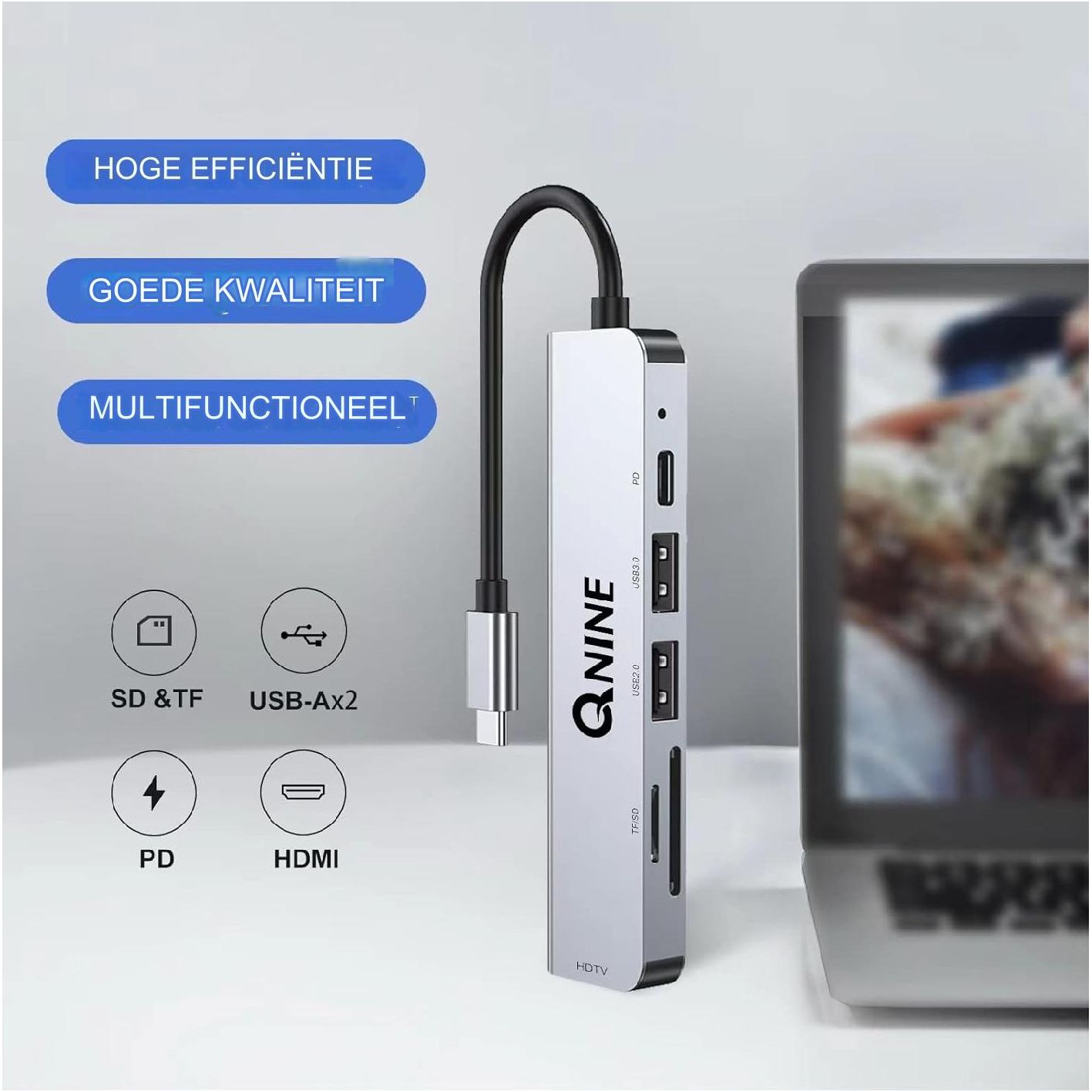 6 in 1 USB C Hub - 6 Poorten Aluminium USB C Adapter - 4K HDMI, 1080P VGA, USB 3.0x2, SD & TF Kaartlezer - 100W PD Opladen - Voor Type-C Apparaten - Hoge Resolutie, Snelle Gegevensoverdracht, Ideaal Voor Laptops - Draagbare Aluminium Behuizing