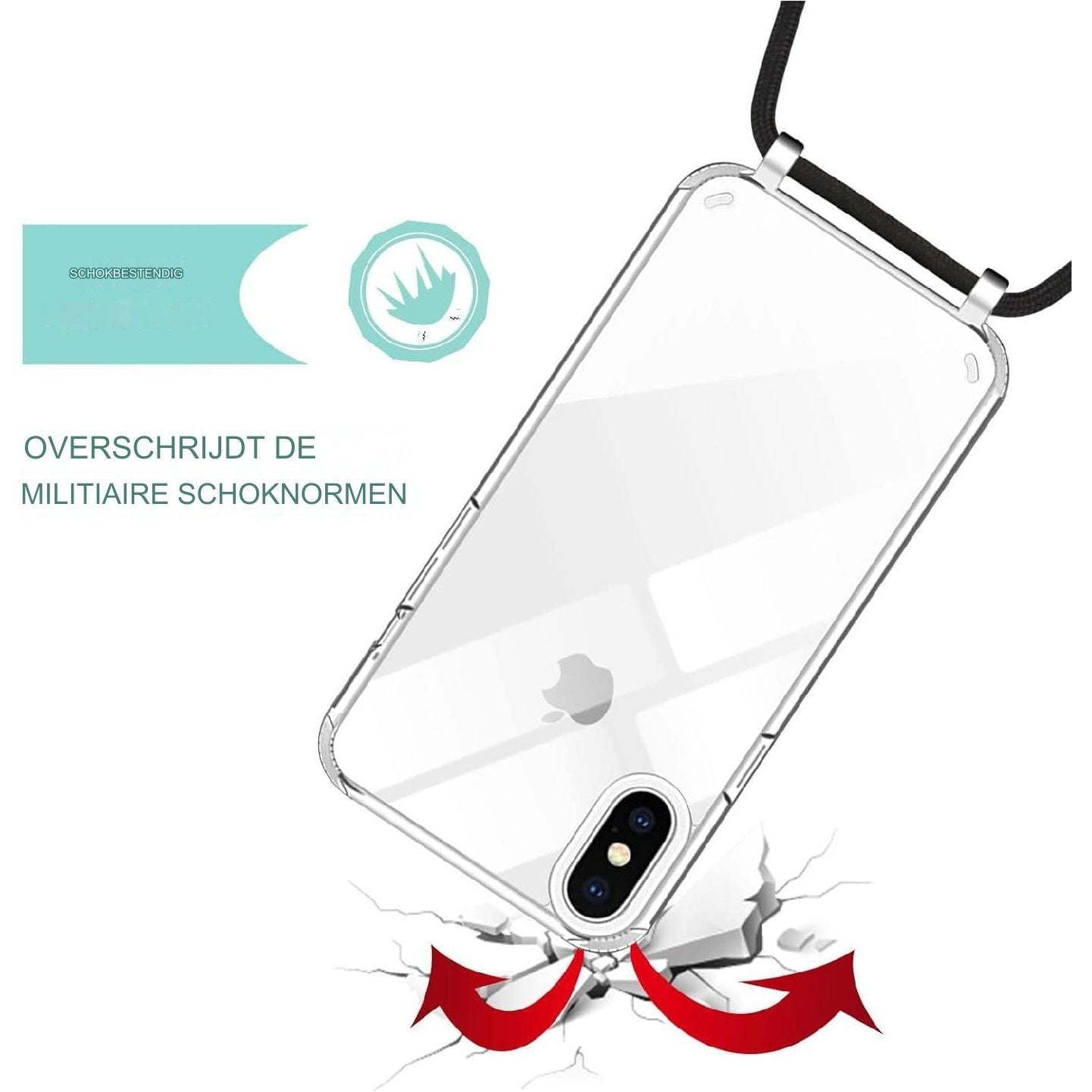 iPhone X/XS Hoesje Met Lanyard - Transparant Verstelbaar Nekkoord - Telefoonketting Hoes Met Volledige Bescherming - Geschikt Voor iPhone X/XS - Zwart 5.8