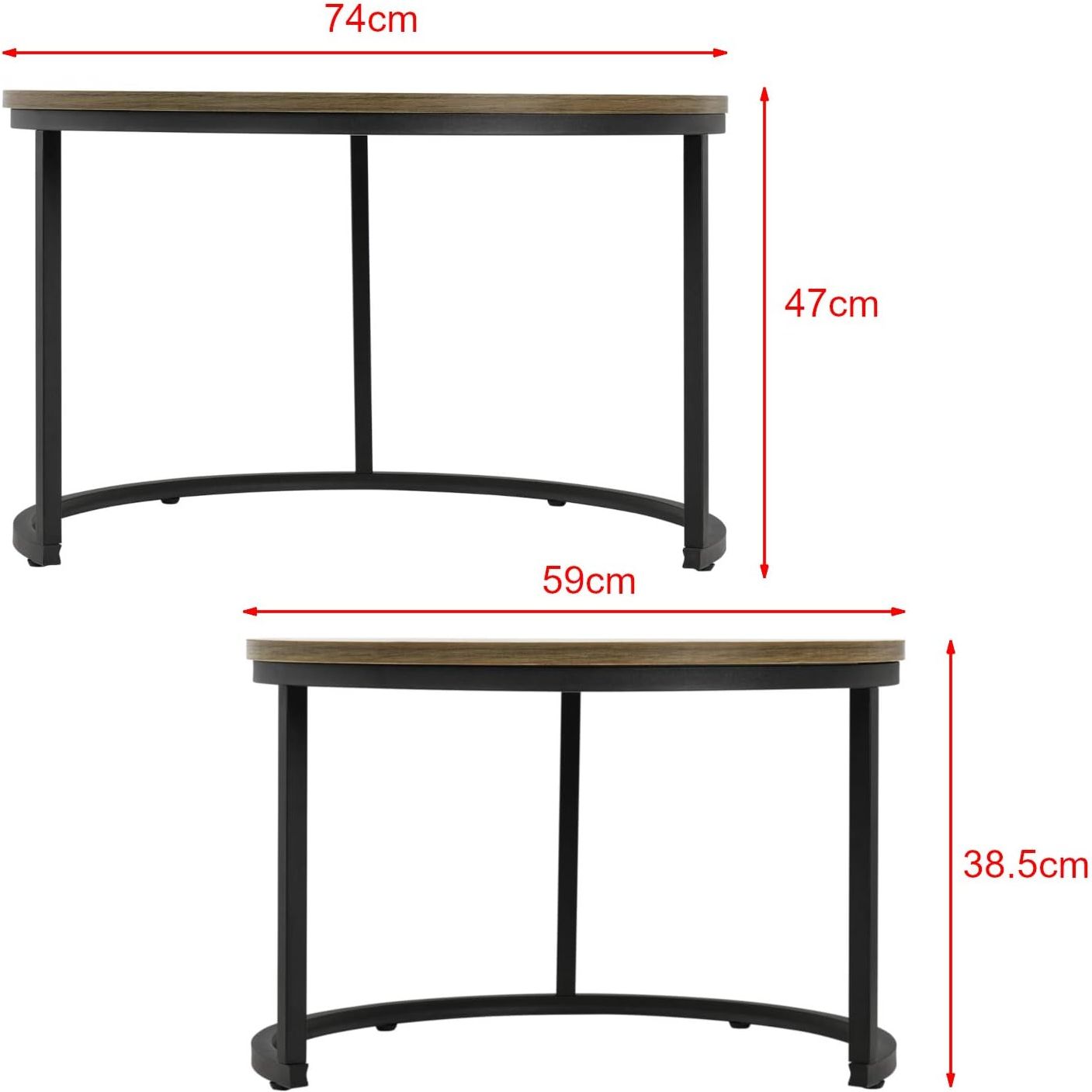 2 Delig - Ruimtebesparende Ronde Bijzettafels - Elegant Ontwerp met Zwart Metalen Frame en MDF Blad in Walnoot Kleur - Interlockende Tafels met Marmer Effect - Compact en Functioneel voor Kleine Ruimtes - 60x60x45cm en 40x40x40cm
