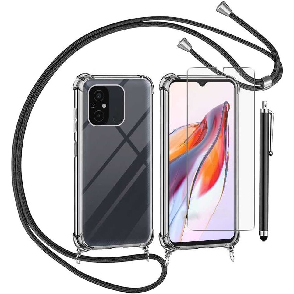 Schokbestendige Siliconen Hoes met Ketting voor Xiaomi Redmi 12C - Verstelbare Nekkoord, Transparant met Gehard Glas Schermbeschermer - Zwart of Roze
