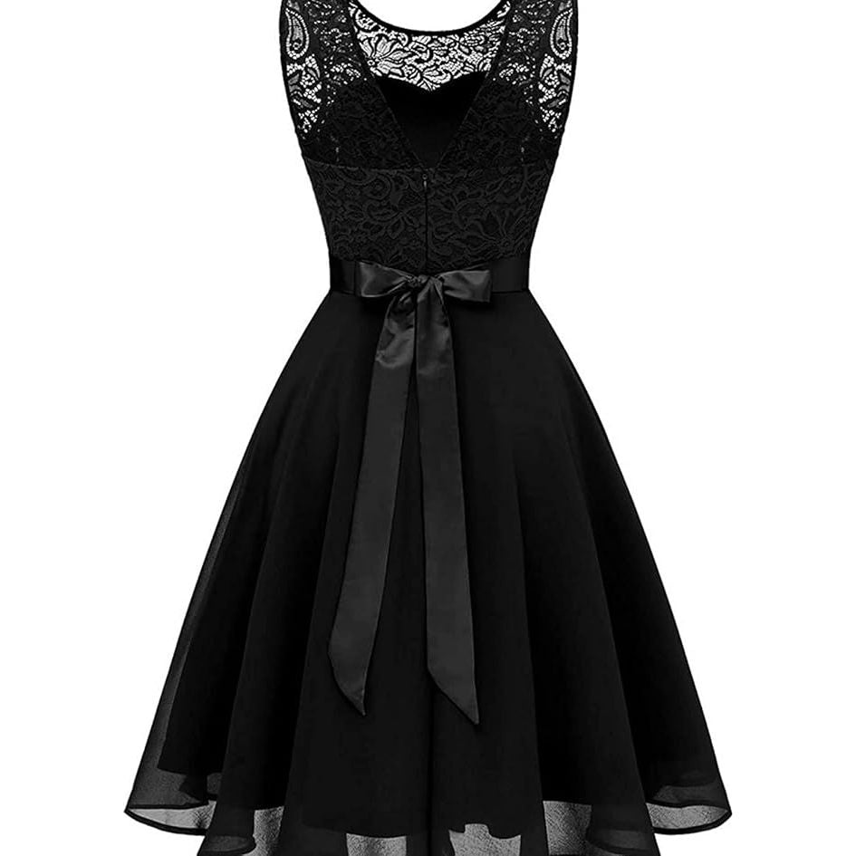 Dames Elegante Mouwloze Kantjurk - Maat XS – Cocktailjurk Met Bloemenpatroon – A-Lijn Feestjurk Met Ceintuur – Jurk Voor Bruiloft Galafeest Avondfeest Of Date – Chiffon Swingjurk Met Kant Bovenstuk En Onregelmatige Zoom