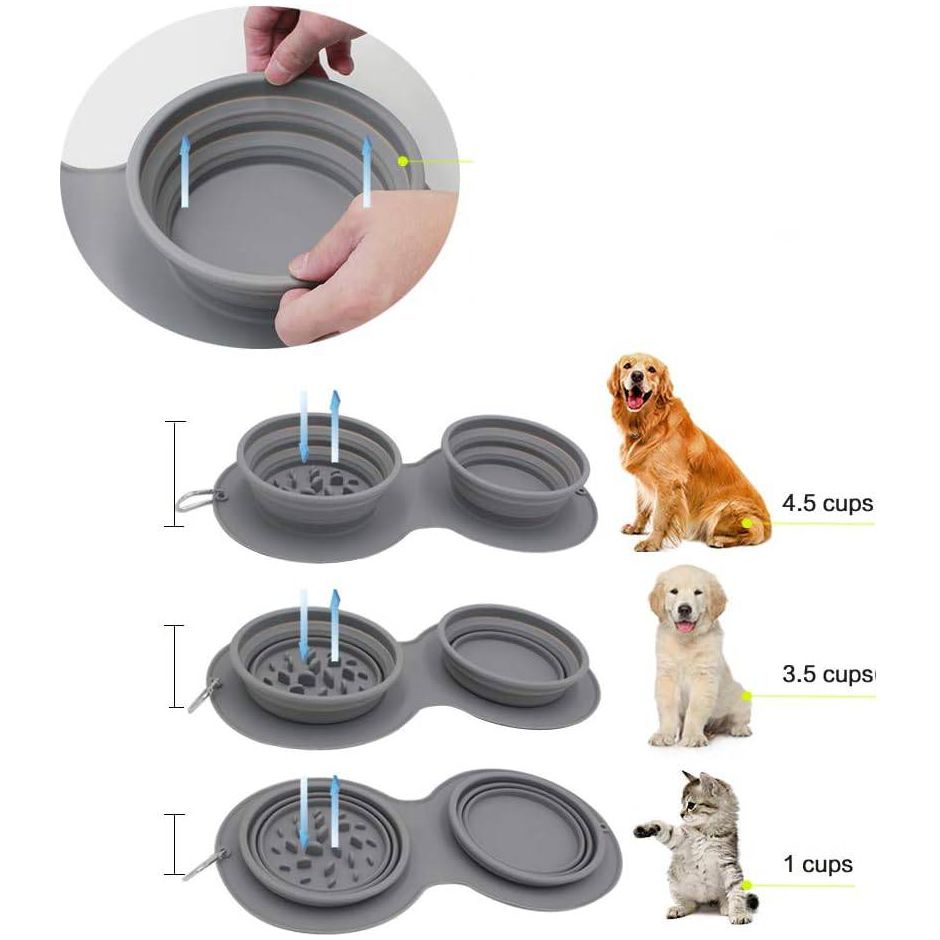 Opvouwbare Hondenbak - Dubbele Siliconen Voerbak voor Honden en Katten - Draagbare Voedsel- en Waterkom - Verstelbare Reisbak - Grijs