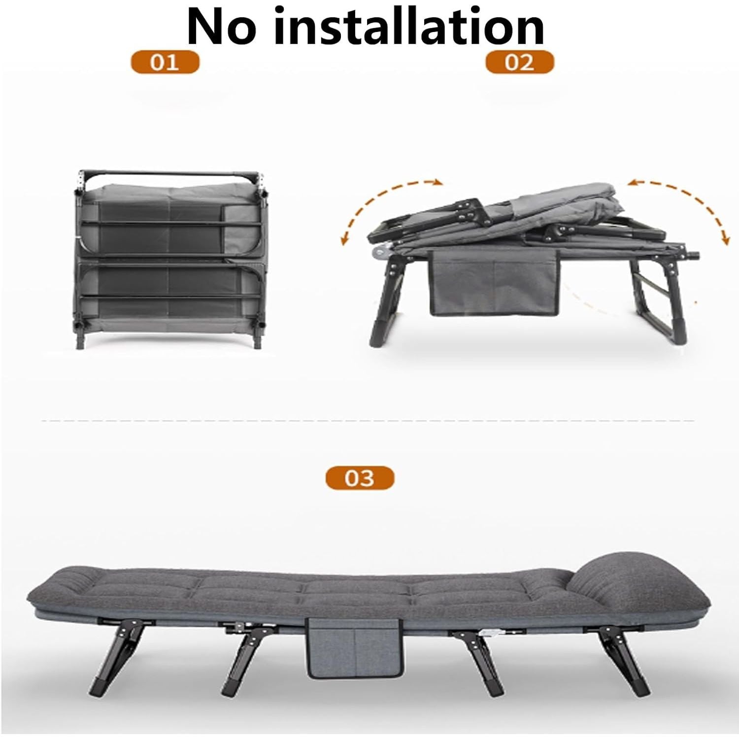 Opvouwbaar Logeerbed met Verstelbare Rugleuning – 6 Posities – Inklapbaar Bed met Matras en Zijvak – 180 × 66 × 30 cm – Voor Binnen & Buiten, Kantoor of Reizen