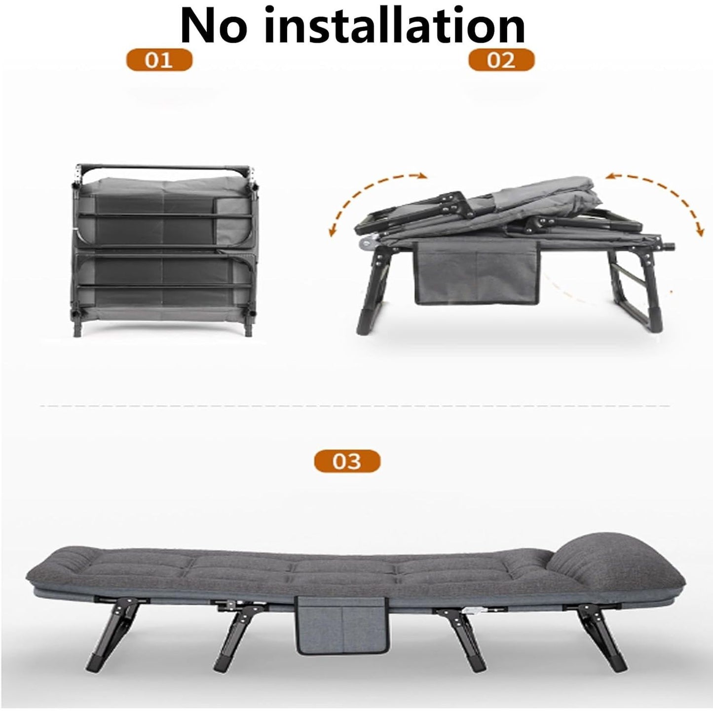 Opvouwbaar Logeerbed met Verstelbare Rugleuning – 6 Posities – Inklapbaar Bed met Matras en Zijvak – 180 × 66 × 30 cm – Voor Binnen &amp; Buiten, Kantoor of Reizen