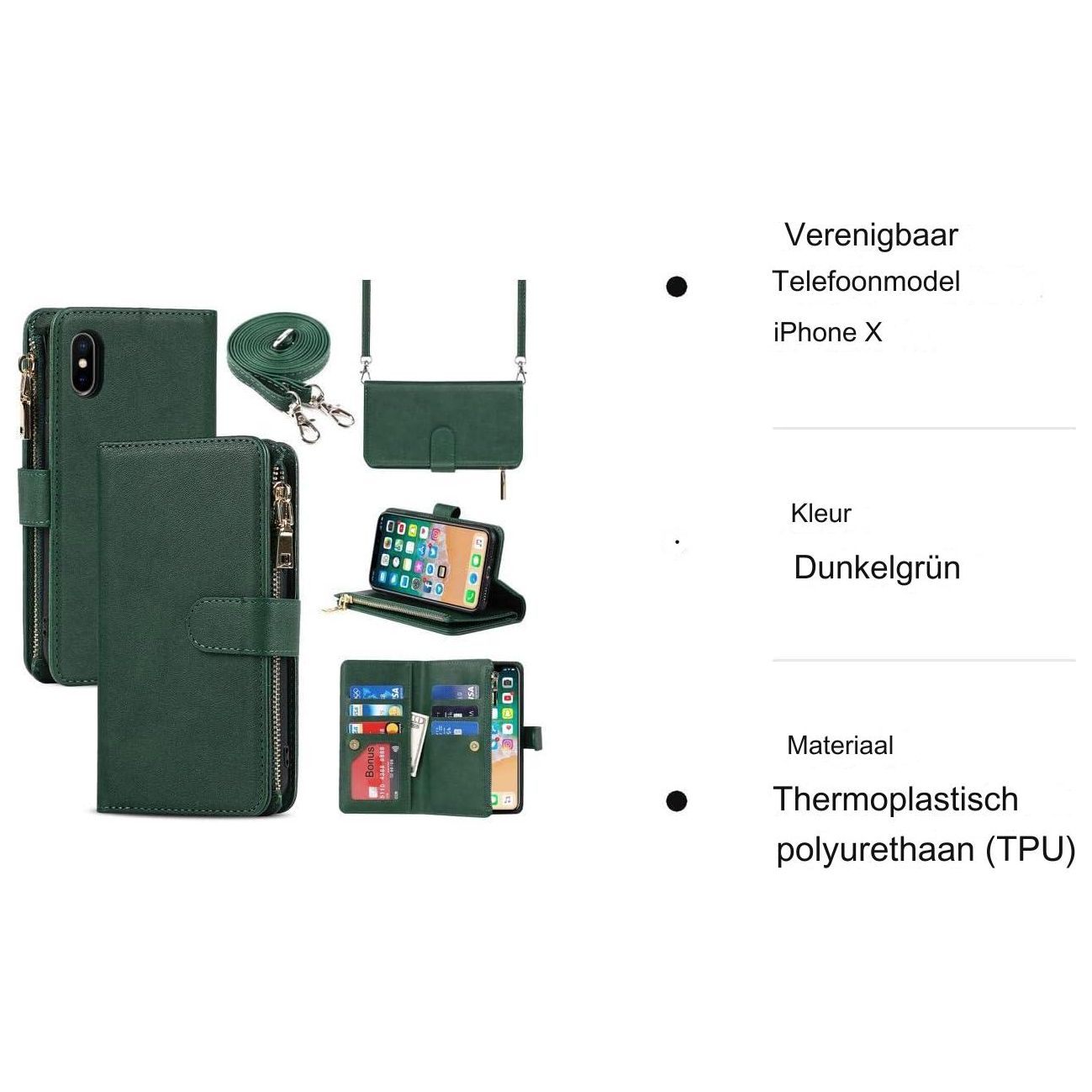 Praktisch Mobiel Hoesje met Strap voor iPhone X/XS - Multifunctionele Flip Leren Portemonnee Case - Beschermende Cover met [9 Kaartvakken] en Magnetische Sluiting - Donker Design - Handige Telefoonketting Accessoire voor Stijlvolle Bescherming