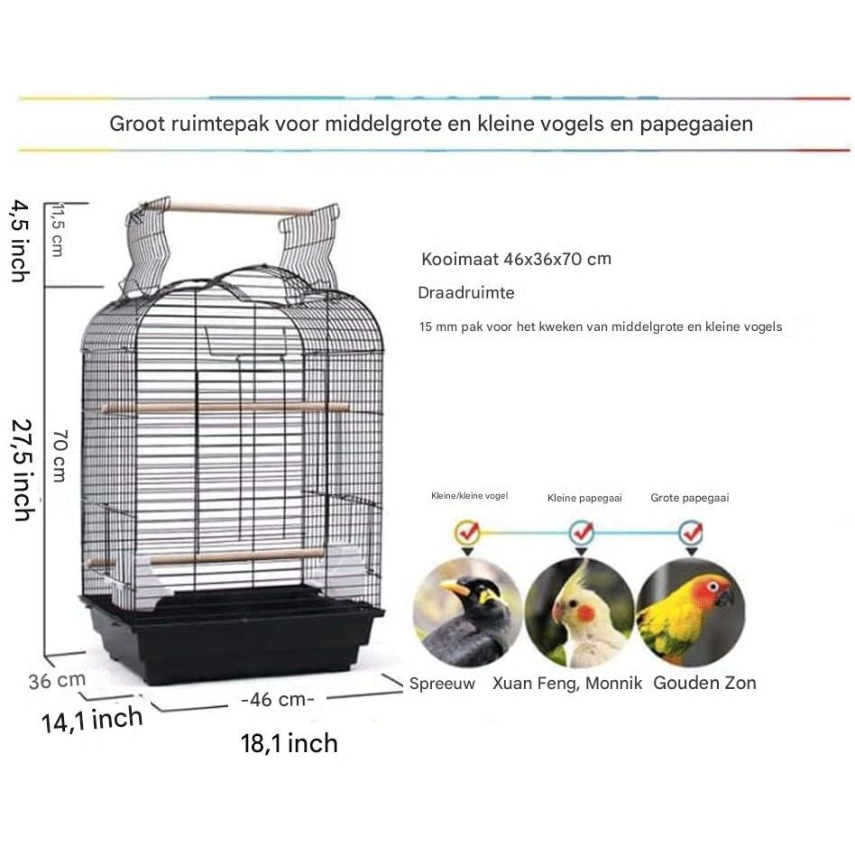 Grote Vogelkooi van Roestvrij Staal – Draagbare Metalen Vogelkooi met Houten Deur en Uittrekbare Lade – Duurzame Vogelkooi voor Binnen & Buiten (Wit, 42×37×62 cm)