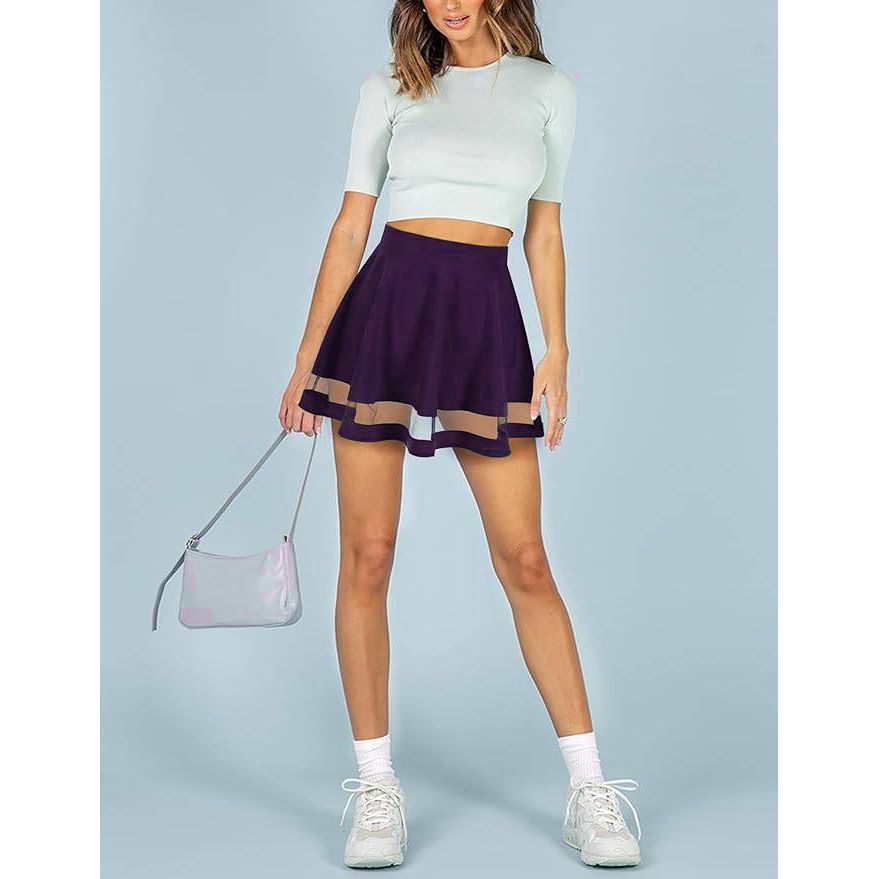 Dames Mini Skaterrok – Maat M – Donkergroene A-Lijn Rok – Stretchy Flared Rok Met Elastische Tailleband – Casual & Trendy Korte Rok Voor Dagelijks Gebruik, School, Werk Of Feest - Paars