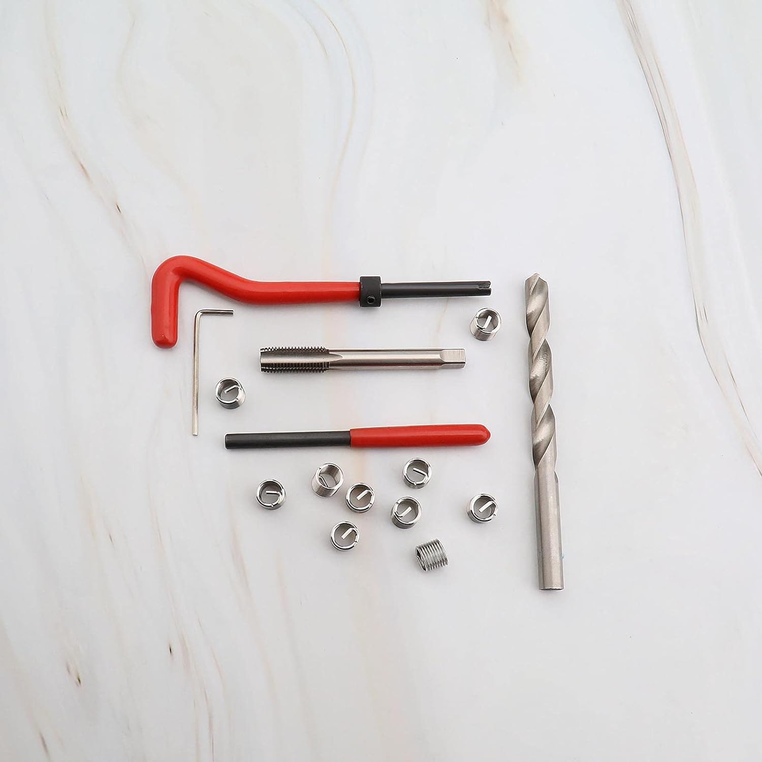 Compleet 15-Delig Schroefdraadherstel Gereedschapsset voor M14 x 2 Schroefdraden - Inclusief RVS Gereedschap, Draaiboormachine, Schroeftap & Meer, Verpakt in Handige Draagtas voor Professioneel en Doe-het-Zelf Gebruik