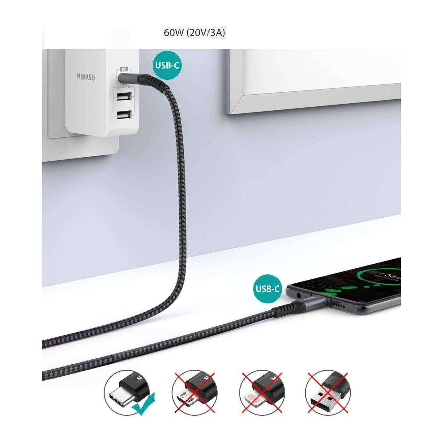USB-C naar USB-C Kabel [3-Pack / 0.3M + 1M + 2M] - Gevlochten 60W Snel Opladen - Geschikt voor Samsung Galaxy, Google Pixel, Huawei - Niet voor Video-Uitvoer