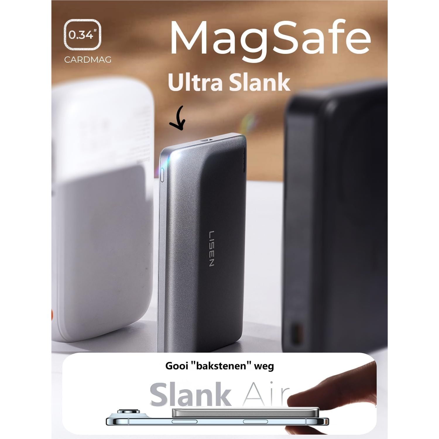 LISEN P601 Ultra- Slim MagSafe Powerbank - 5000 mAh - voor iPhone 17/16/15/14/13/12 Serie – Draadloze Magnetische Power Bank 5000mAh – Ultra Dun / Lichtgewicht Mini Powerbank met 18W USB-C PD – Perfect Cadeau voor Reizen & Feestdagen