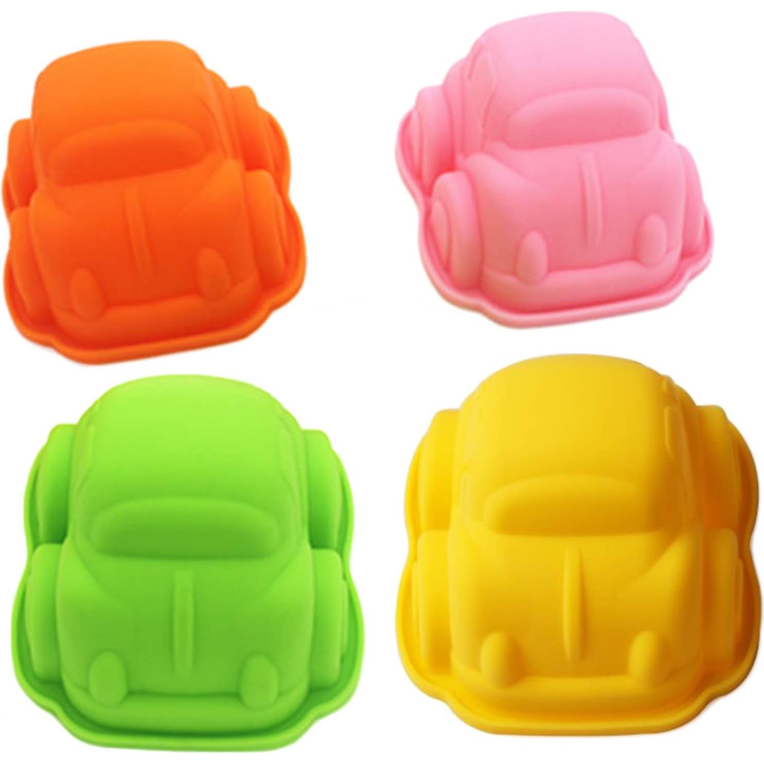 4 Stuks - Silicone Bakvormen - 3D Cartoon Auto Design - Ideaal voor Fondant, Gelei, Chocolade - Kindvriendelijk - Hittebestendig tot 230°C - Perfect voor Feestjes & Creatief Bakken - Willekeurige Kleur - Set van 4