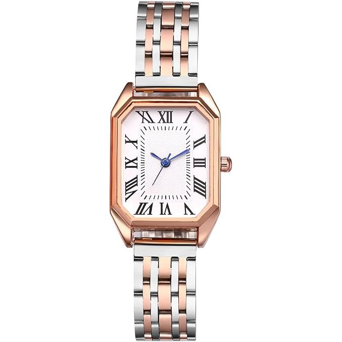 1-Stuks Klassiek Vrouwen Vierkant Horloge: Roestvrijstalen Armband Band Analoge Quartz Romeins Nummer Wijzerplaat voor Dame Zilver Roségouden Tint