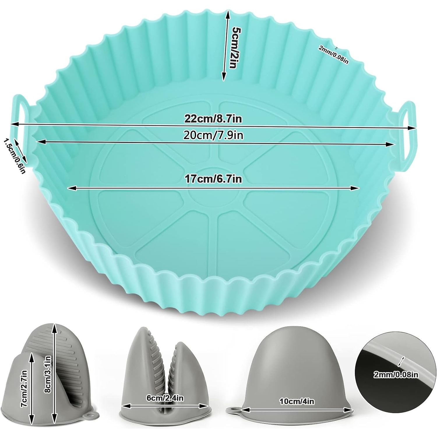 8 Delige - Set Siliconen Airfryer Liners Met  7.5inch - Ronde Siliconen Airfryer Pot Herbruikbaar - Siliconen Airfryer Mandje met Handvat - Gemakkelijk Schoon te Maken Voedselveilige Airfryer Accessoires (Blauw+Grijs)