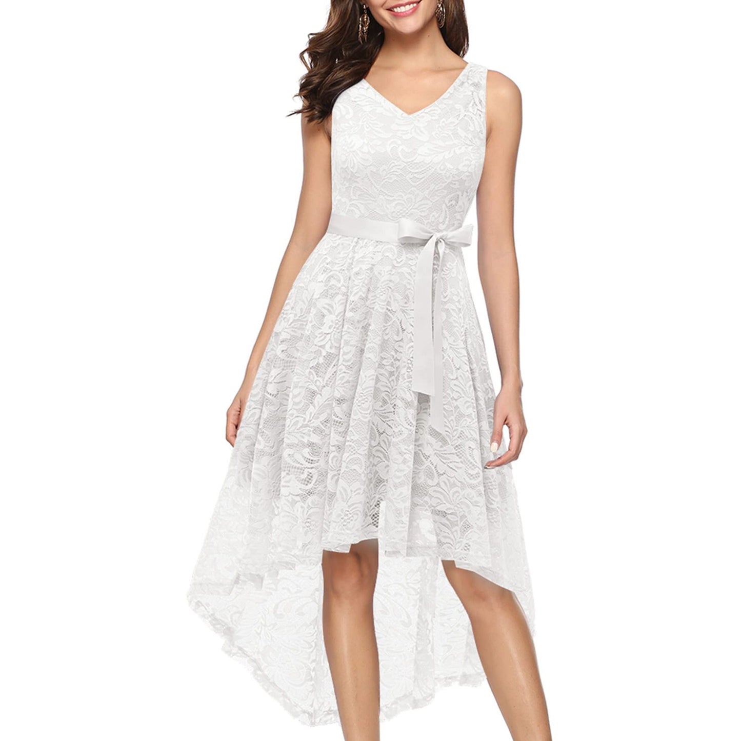 Cocktailjurk Voor Dames – Maat S – V-Hals Hoog-Laag Jurk Met Kant En A-Lijn Snit – Elegante Mouwloze Jurk Met Verwijderbare Ceintuur – Knielengte Vooraan En Enkellengte Achteraan – Perfect Voor Feest, Bruiloft, Prom, Avond Of Galagelegenheden