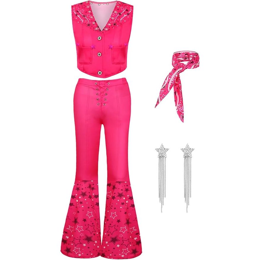 Pink Cowgirl Outfit Voor Meisjes - 70s 80s Disco Hippie Flared Broek Kostuum - Halloween Cosplay Verkleedkleding - XS - Stretchy en Ademend Polyester - Ideaal Voor Feesten, Cosplay en Halloween Evenementen