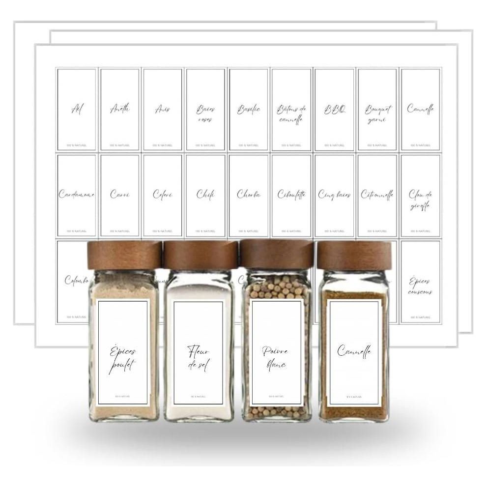 281 Stuks Spice Jar Labels - 6 x 3 CM - Minimalistische en Moderne Vinyl Stickers voor Kruidenpotten - Voorraadpot Labels in Frans, Engels en Spaans - Waterdicht en Duurzaam - Inclusief Liniaal en Checklist - Klaar voor Gebruik