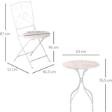 3 Delig Tuinset - Mozaïek Tuintafel met 2 Inklapbare Tuinstoelen - Weerbestendig Balkonset - Bistrotuinset van Metaal en Keramiek - Klapstoelen en Ronde Tuin Tafel voor Buitengebruik - Terrasmeubels in Witte Stijl