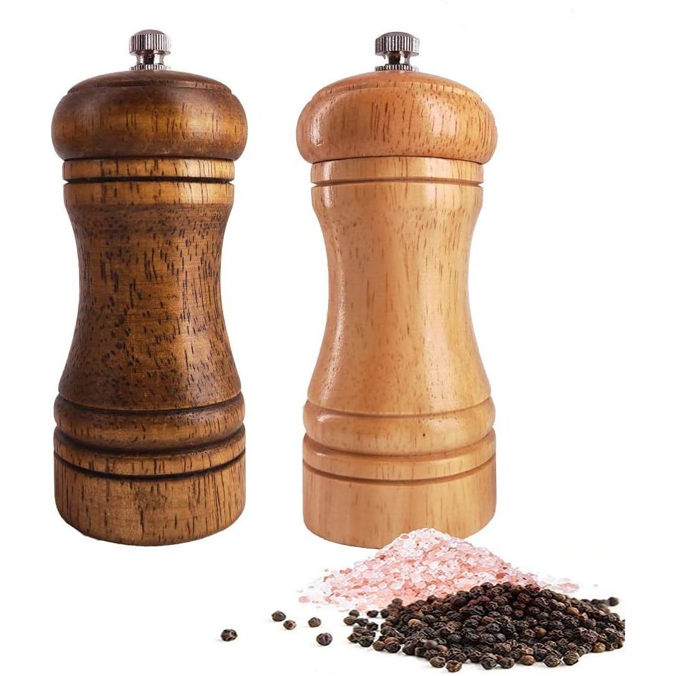 2 Delig - Houten Pepermolen en Zoutmolen Set - Verstelbare Keramische Maalmolens - 14.5cm - Eikenhout - Traditioneel Ontwerp - 1 Lichtbruin & 1 Donkerbruin