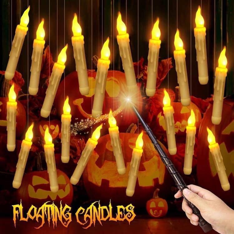 Zwevende LED Kaarsen - 20  Stuks - Met Magische Toverstok Afstandsbediening - Flickerend Warm Licht - Flameloos - Voor Harry Potter Feest, Kerst, Halloween, Bruiloft &amp; Kamerdecoratie