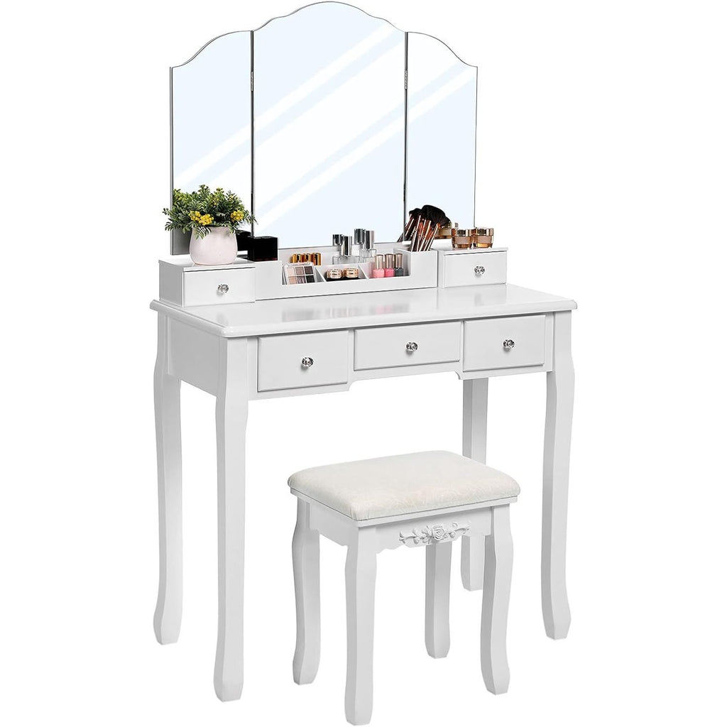 Opvouwbare Kaptafel – Met 3-Delige Spiegel – 5 Lades – Verwijderbare Organizer – Inclusief Comfortabele Kruk – Houten Kaptafel Met Opbergruimte – Modern Wit Design – Voor Slaapkamer, Make-up en Sieraden – 80 x 40 x 137,5 cm