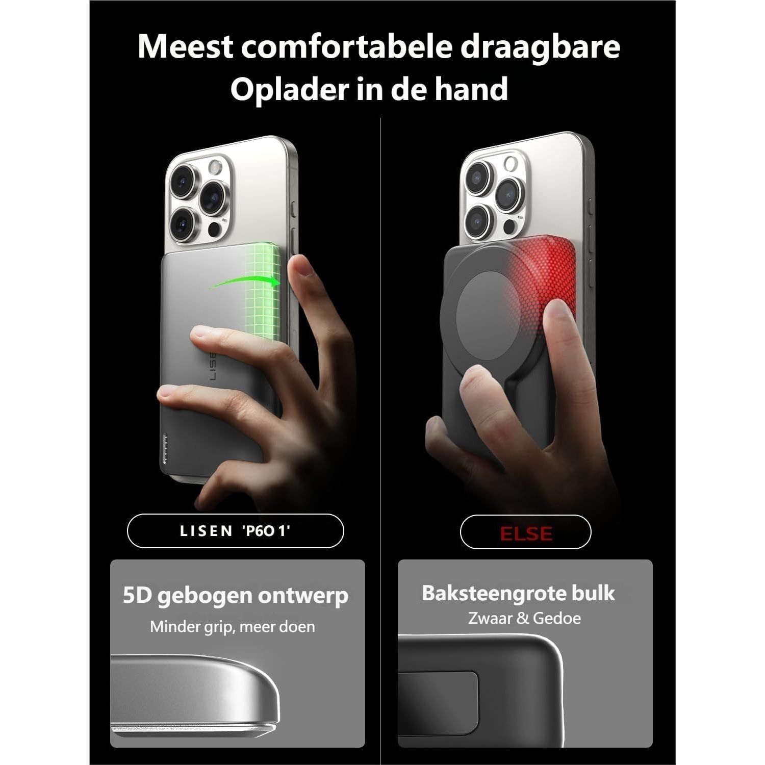 LISEN P601 Ultra- Slim MagSafe Powerbank - 5000 mAh - voor iPhone 17/16/15/14/13/12 Serie – Draadloze Magnetische Power Bank 5000mAh – Ultra Dun / Lichtgewicht Mini Powerbank met 18W USB-C PD – Perfect Cadeau voor Reizen & Feestdagen