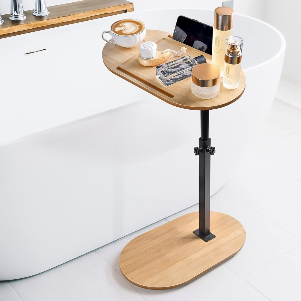 Bamboe Badkuip Tafel - Verstelbare Hoogte - Vrijstaande Badtray - Luxe Badaccessoires - Stabiel Metaalframe en Houten Design - Voor Hot Tub, Bad, Slaapkamer of Woonkamer