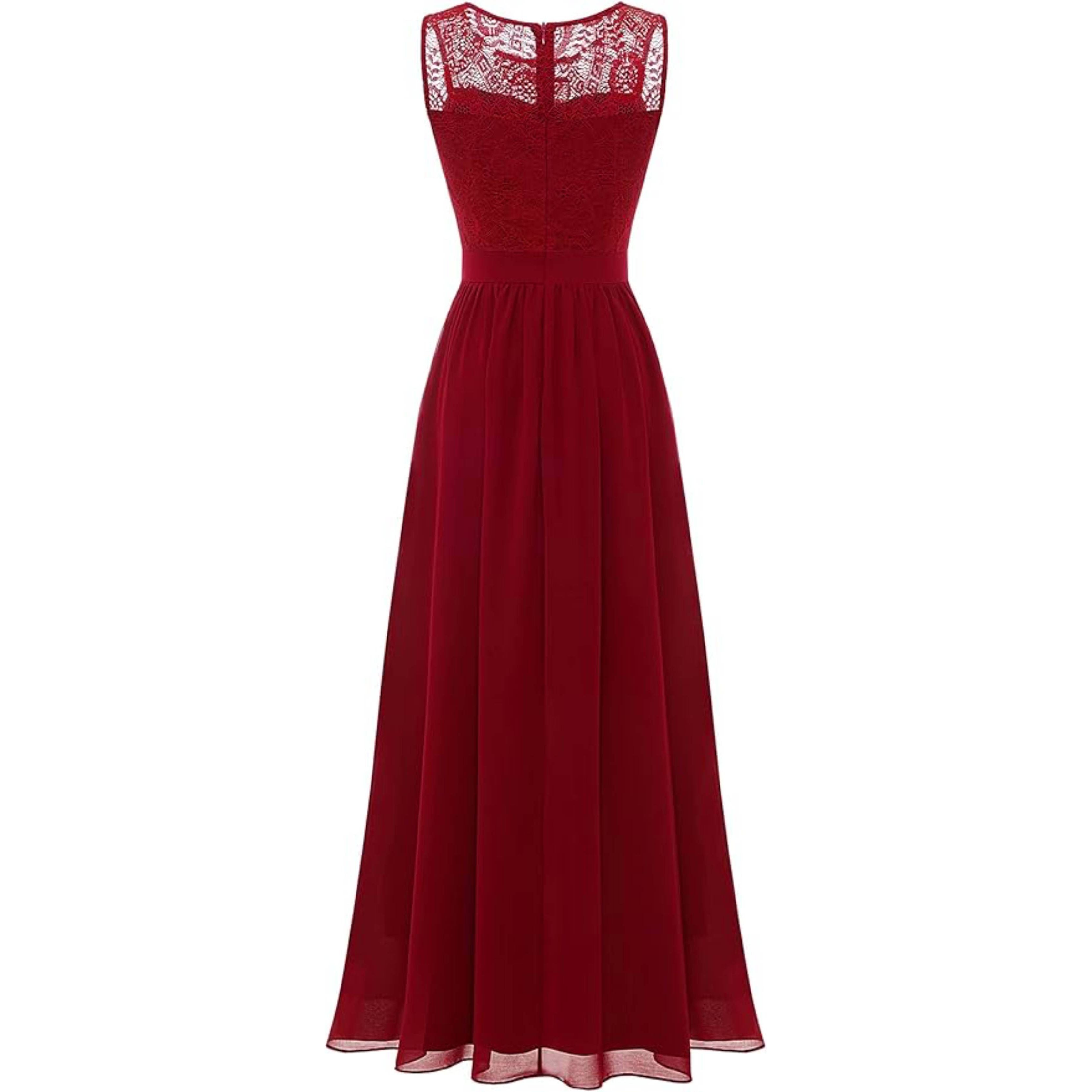 Lange Avondjurk Voor Dames – Maxi Cocktailjurk Met Kant En Chiffon – Elegante Jurk Met Licht Transparante Ronde Hals – Voor Bruiloft, Feest, Gala, Prom Of Ceremonie – Effen Kleur – Vrouwelijk En Verfijnd