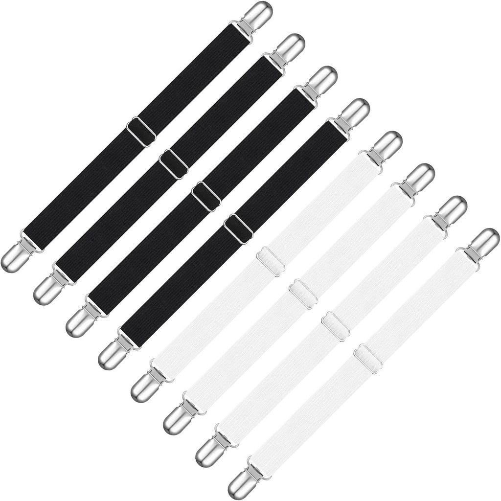Verstelbare Elastische Lakenspanners Set - 8 Stuks met Metalen Clips - Zwart & Wit - Ideaal voor Matras, Bedlaken, Strijkplank - Duurzaam en Multifunctioneel