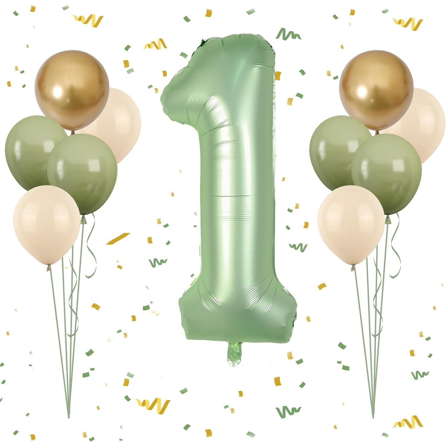 100 cm - Nummer 1 Ballon - Salie Groen - 1e Verjaardag Ballonnen Set - Retro Zand Wit - Avocado Groen - Goudkleurige Latex Ballonnen - 1 Folie Ballon - Babyshower - Jungle Thema Verjaardag Decoratie - Herbruikbare Ballonnen Voor Jongens En Meisjes