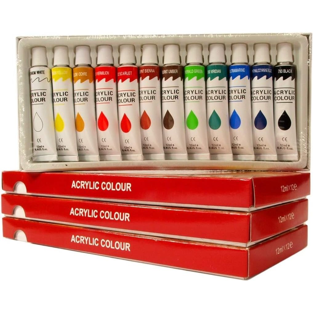 3 Stuks – Verfset van 12 Kleuren Acrylverf – 12 ml Tubes – In Totaal 36 Tubes – Hoog Gepigmenteerde &amp; Sneldrogende Verf – Voor Canvas, Hout, Papier, Glas en Meer – Veilig &amp; Niet-Giftig – Cadeauset voor Kinderen & Kunstliefhebbers