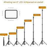 2 Delig LED Fotografie Lampen - Instelbare Foto Verlichting - Verstelbare USB Videolamp - Live Streaming &amp; Fotografie - 15W LED Paneel - 3 Kleurtemperaturen - Inclusief Metalen Statief en Kleurenfilters