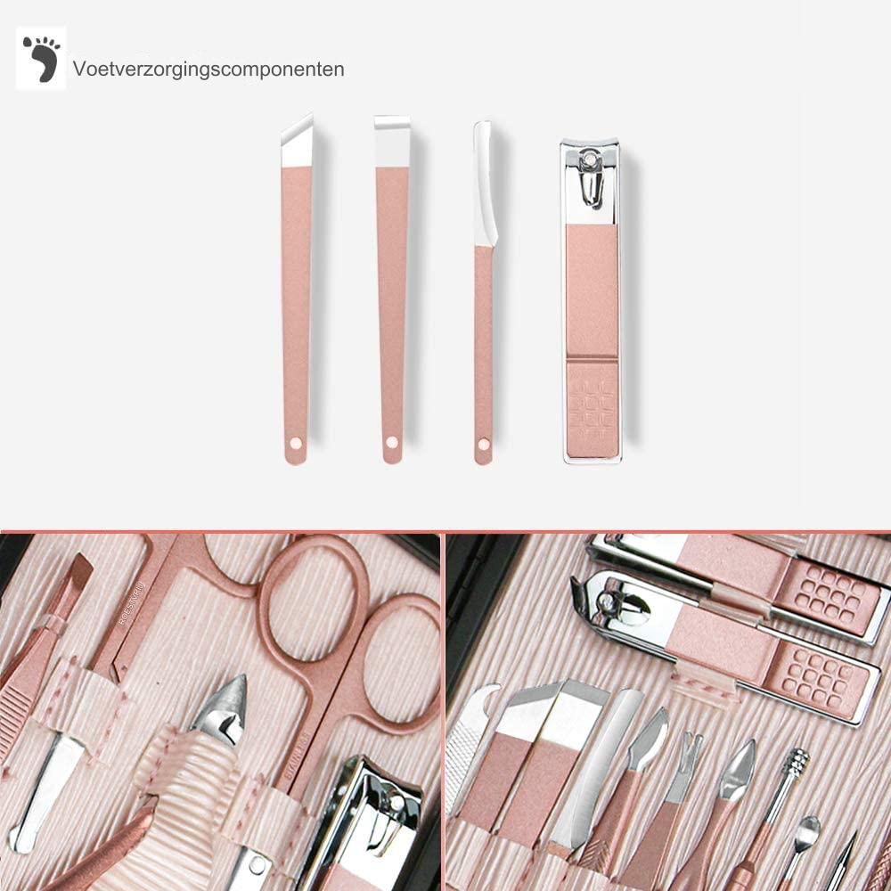 18 in 1 - Luxe Professionele Pedicure Set - Manicure Set - Nagelschaar Verzorgingsset met Lederen Reisetui Roze - Complete Nagelverzorgingskit met Nagelschaar en Etui
