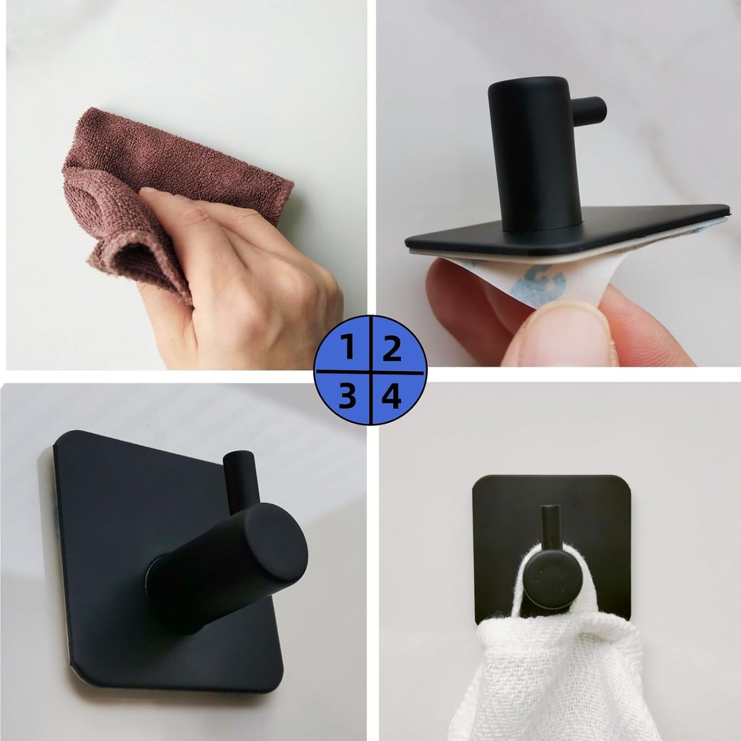 4 Delige Set Zelfklevende Wandhaken - Gemaakt van Zwart Roestvrij Staal - Eenvoudige Installatie Zonder Boren - Sterk, Duurzaam en Waterdicht - Ideaal voor Keuken, Badkamer en Kantoor Use
