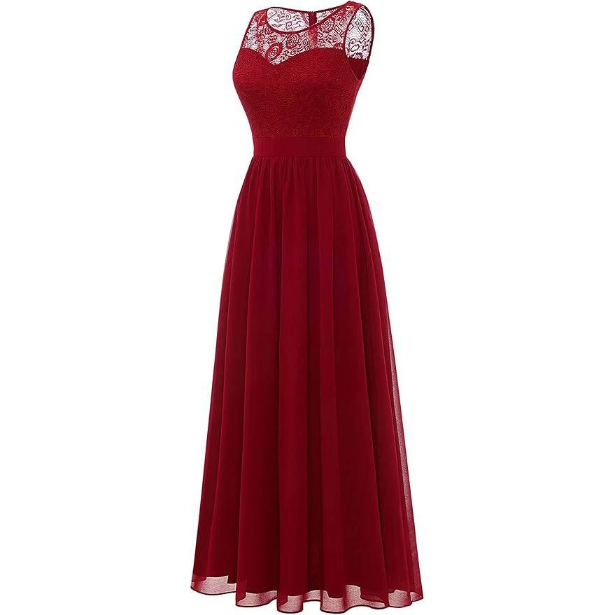 Lange Avondjurk Voor Dames – Maxi Cocktailjurk Met Kant En Chiffon – Elegante Jurk Met Licht Transparante Ronde Hals – Voor Bruiloft, Feest, Gala, Prom Of Ceremonie – Effen Kleur – Vrouwelijk En Verfijnd