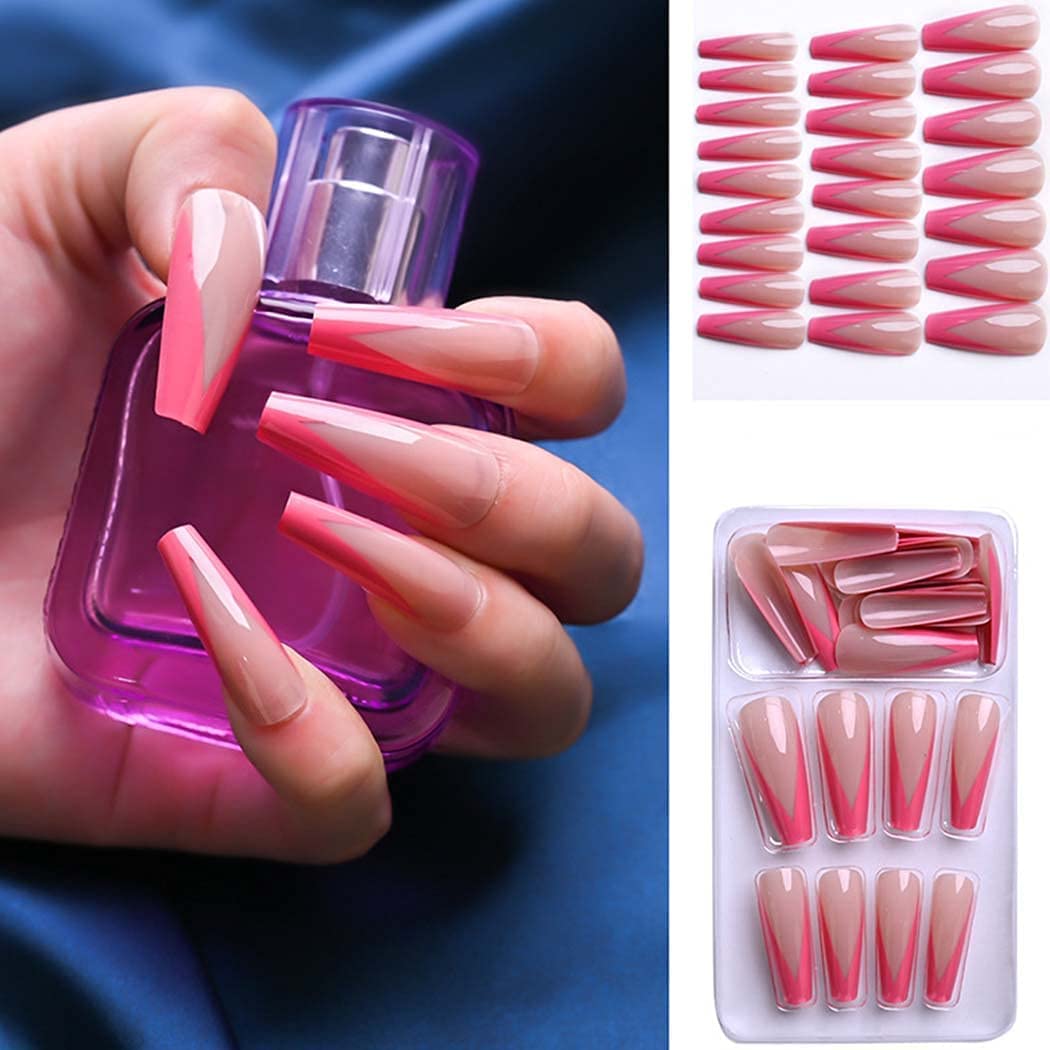 Hot Pink French Press on Nails - Designer Fake Nagels voor een Stijlvolle Look - Langdurige Coffin Acryl Nagels (Glanzend) - 24 Stuks