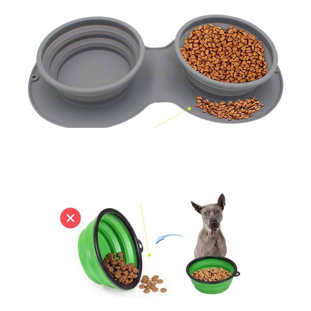 Opvouwbare Hondenbak - Dubbele Siliconen Voerbak voor Honden en Katten - Draagbare Voedsel- en Waterkom - Verstelbare Reisbak - Grijs