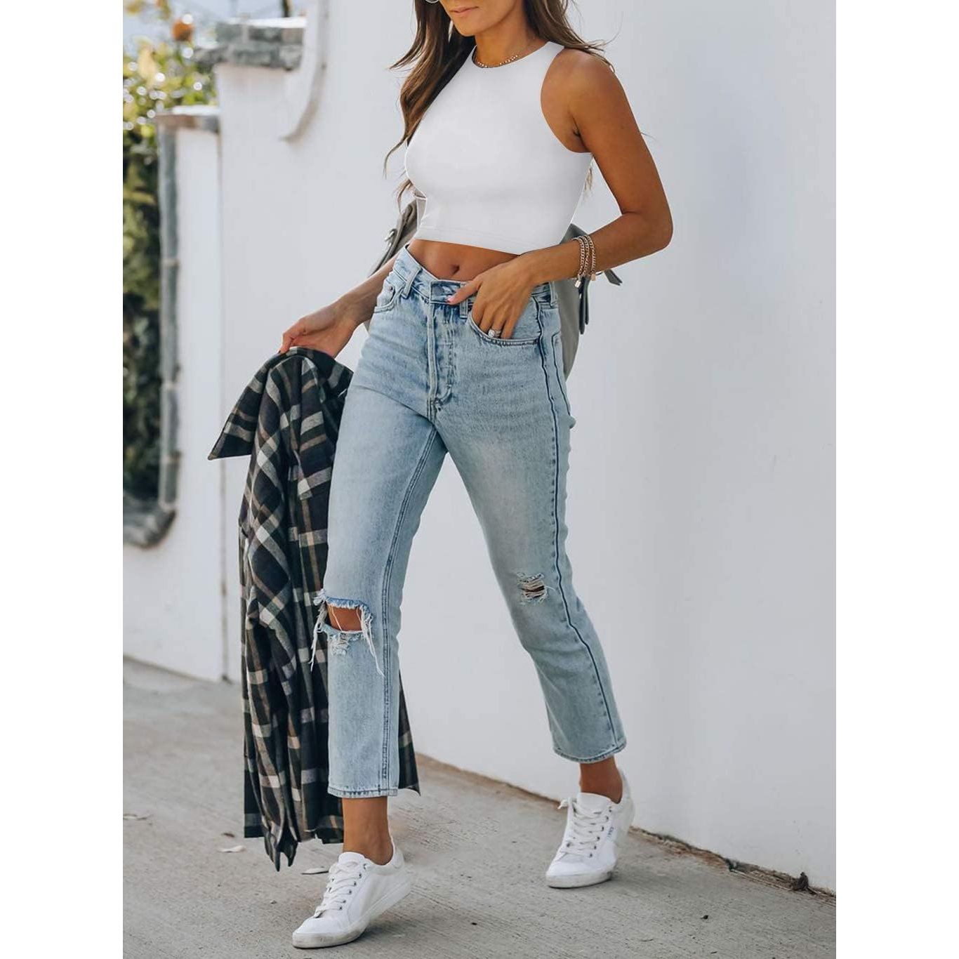Stijlvolle Dames Sexy Mouwloze Racerback Tanktops - Elegante Halternek Crop Tops, Beschikbaar in Zwart, Wit, Blauw en Groen Grijs - Gemaakt van Zacht en Stretchy Polyester-Spandex Mix, Ideaal voor Zomer, Casual Uitjes en Avondfeesten