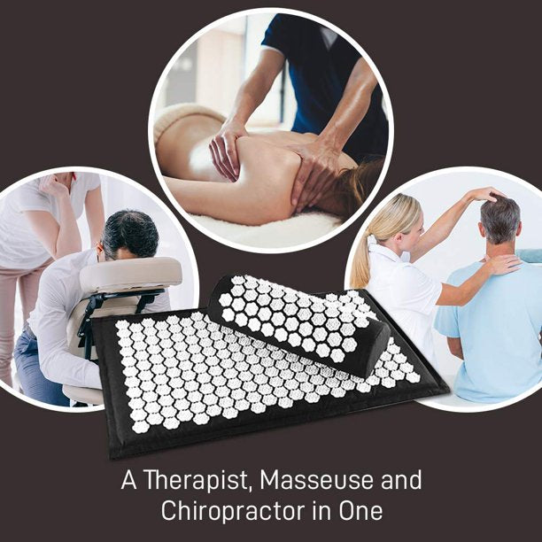 Acupressure Mat met Kussen- 2x Triggerpoint Massageballen en Draagtas - Spijkermat voor Ontspanning en Pijnverlichting - Acupunctuur Massage Set - Lotus Shakti Mat - Zwart & Wit