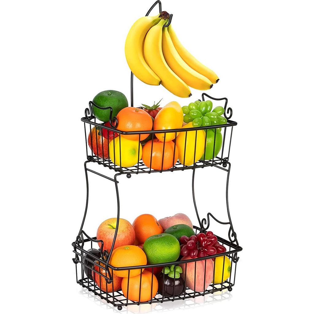 2-Laags Fruitmand Kom met Bananenhouder - Metaal Fruitschaal - Met Bananenhaak - Metaal Draad Fruit Stand - Organisator voor Keukenblad - Praktisch en Stijlvol - Zwart