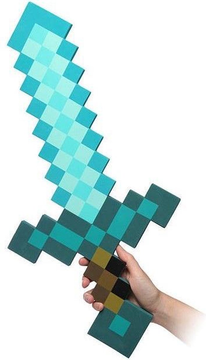 Minecraft Pixel Foam Diamond Zwaard Blauw 61 cm - Schuim Zwaard met Gepixeld Diamond Design - Foam Speelgoedzwaard 30 cm Breed - Minecraft Sword van Zacht Schuim - Blauw Pixelzwaard voor Verkleedspel Cosplay en Decoratie