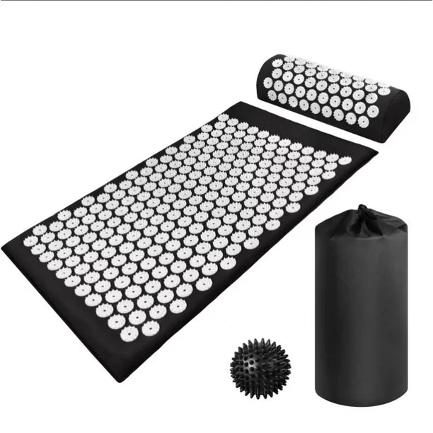 Acupressure Mat met Kussen- 2x Triggerpoint Massageballen en Draagtas - Spijkermat voor Ontspanning en Pijnverlichting - Acupunctuur Massage Set - Lotus Shakti Mat - Zwart & Wit