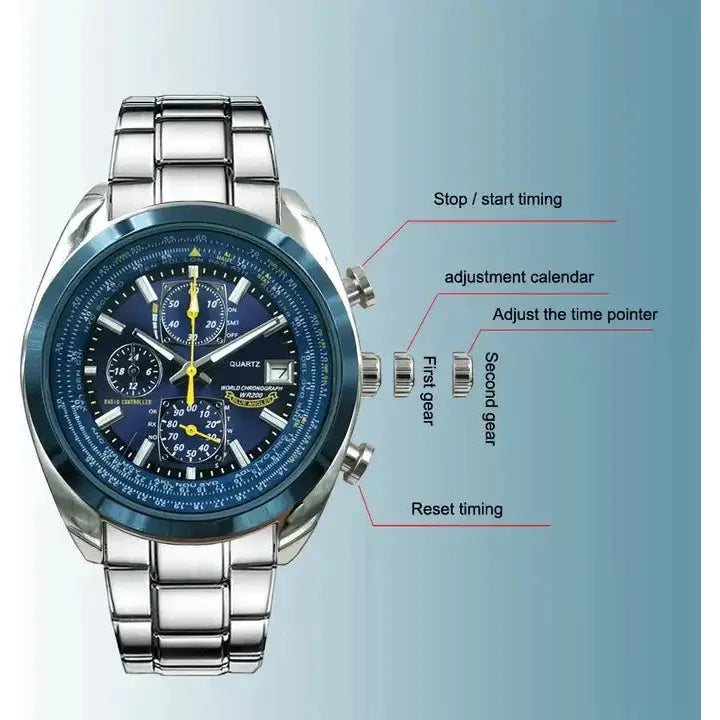 Luxe-Herenhorloge - Quartz-Chronograaf - Waterdicht-Polshorloge - Stijlvol-Zakelijk-Horloge - RVS-Behuizing - Metalen-Band - Multifunctioneel-Polshorloge - Elegant-Ontwerp - Ideaal-Voor-Gelegenheden - Nauwkeurige-Tijdweergave